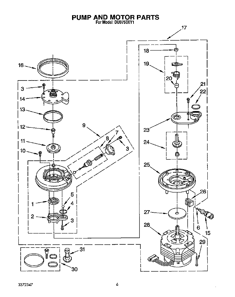 PUMP AND MOTOR Diagram and Parts List for DU9750XY1  Whirlpool Dishwasher