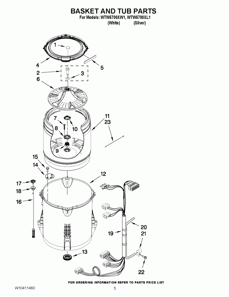 BASKET AND TUB PARTS Diagram and Parts List for WTW5700XW1  Whirlpool Washer