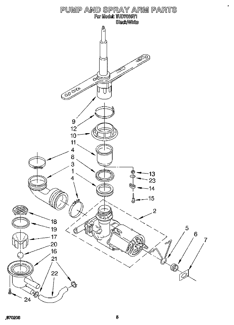 PUMP AND SPRAY ARM Diagram and Parts List for TUD7005Y1  Whirlpool Dishwasher