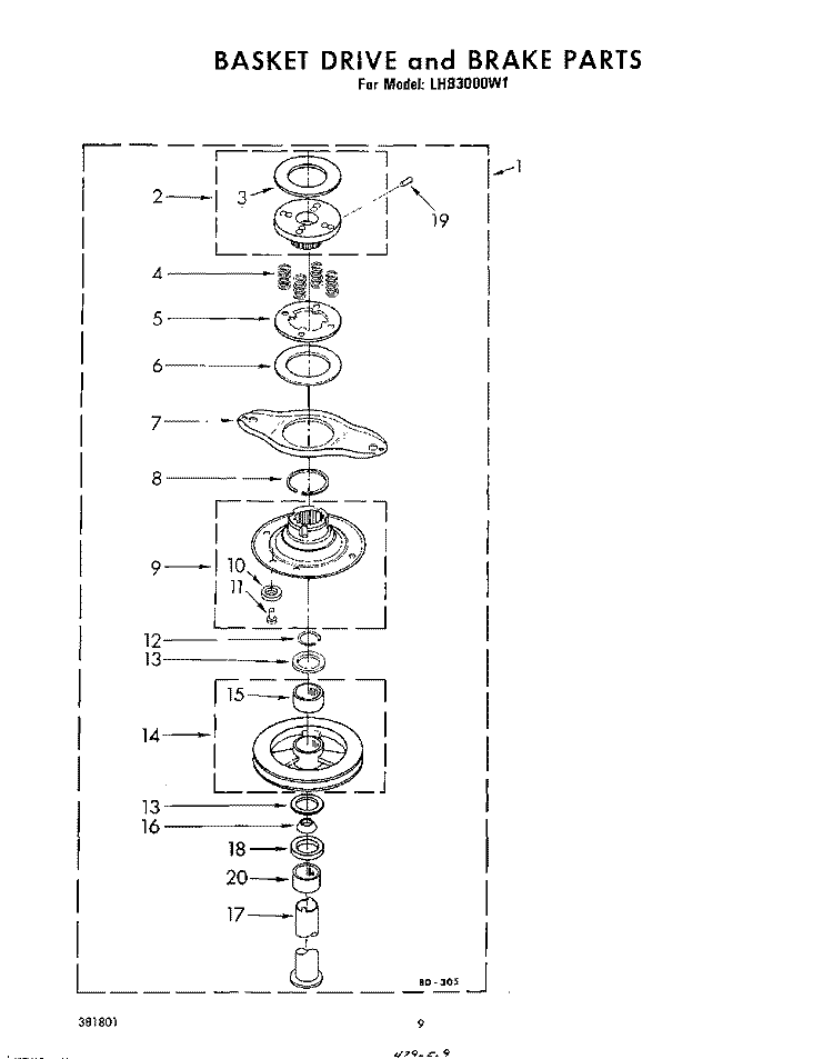 BASKET DRIVE AND BRAKE Diagram and Parts List for LHB3000W1  Whirlpool Washer