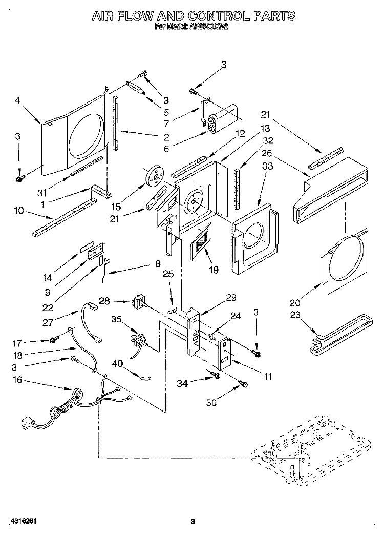 AIR FLOW AND CONTROL Diagram and Parts List for AR0500XW2  Whirlpool Air Conditioner