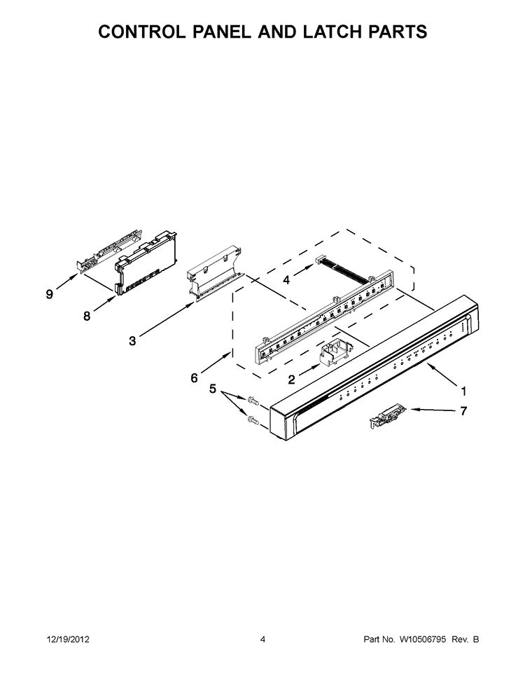 CONTROL PANEL AND LATCH PARTS Diagram and Parts List for WDF530PSYB3  Whirlpool Dishwasher