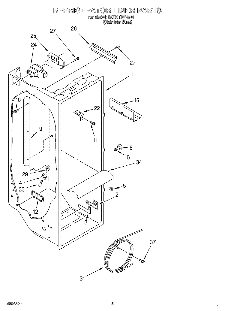 REFRIGERATOR LINER Diagram and Parts List for 3XART735G00  Whirlpool Refrigerator
