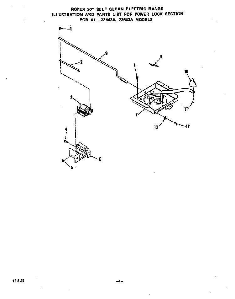 Power Lock Diagram and Parts List for 2354*3A  Roper Range