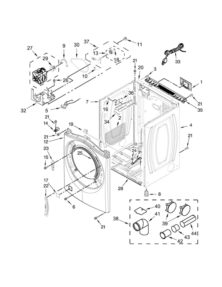 Cabinet Parts Diagram and Parts List for 7MWGD75HEFW0  Whirlpool Dryer