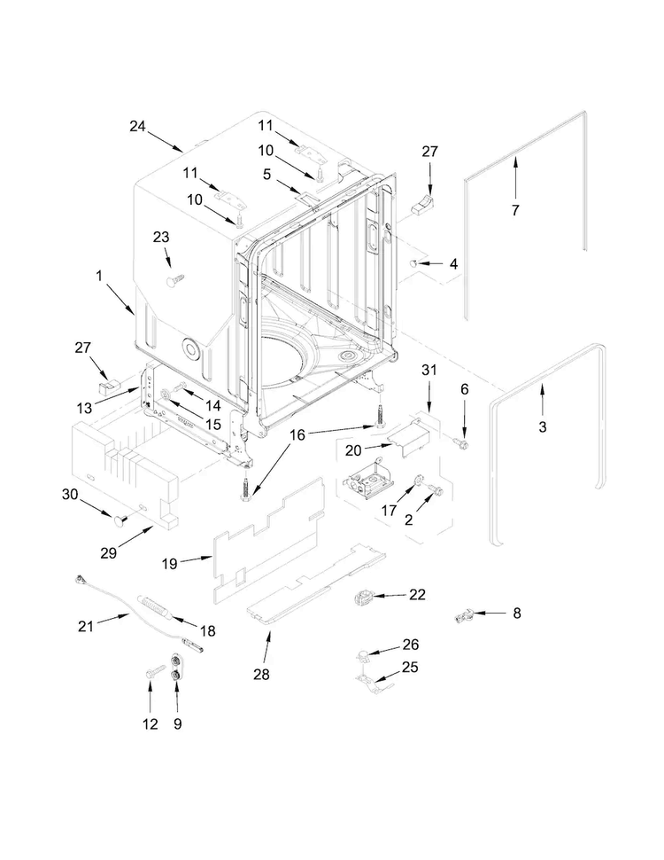 Tub And Frame Parts Diagram and Parts List for KDTM354DSS4  KitchenAid Dishwasher