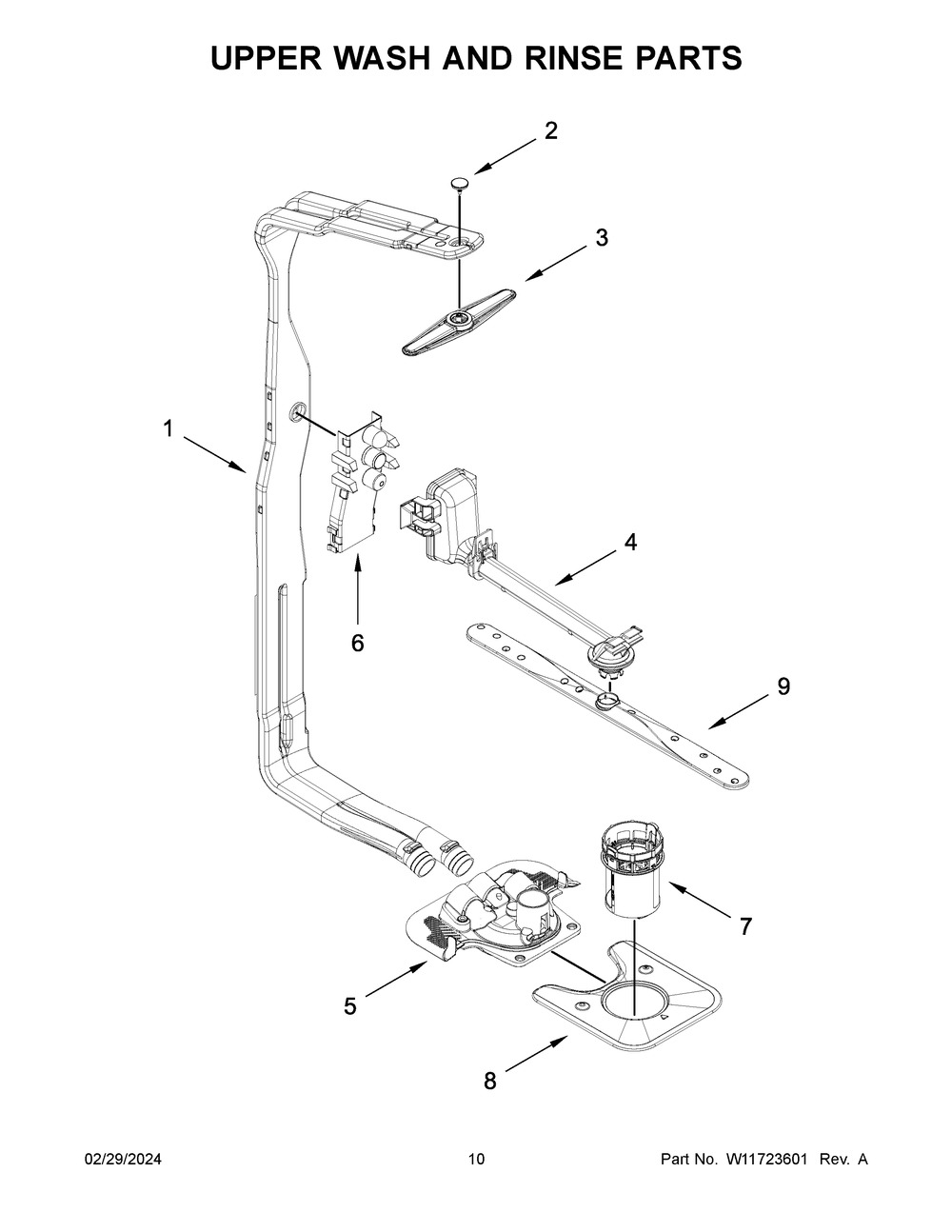Upper Wash And Rinse Parts Diagram and Parts List for WDTA50SAKB3  Whirlpool Dishwasher