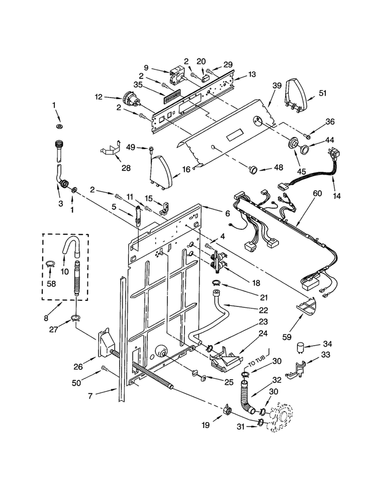 Controls And Rear Panel Diagram and Parts List for 7MLSC9545JQ2  Whirlpool Washer