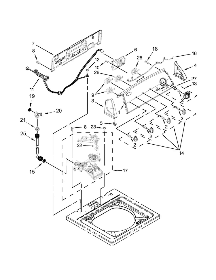 Controls And Water Inlet Parts Diagram and Parts List for 1CWTW4840YW1  Whirlpool Washer