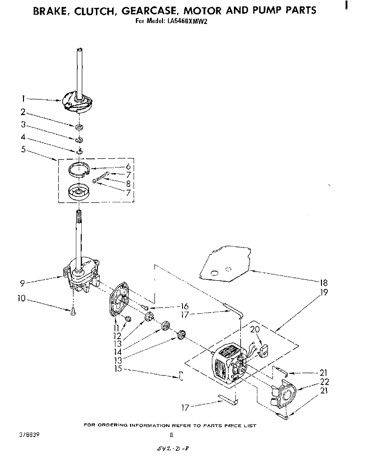 BRAKE, CLUTCH, GEARCASE, MOTOR AND PUMP Diagram and Parts List for LA5460XMW2  Whirlpool Washer