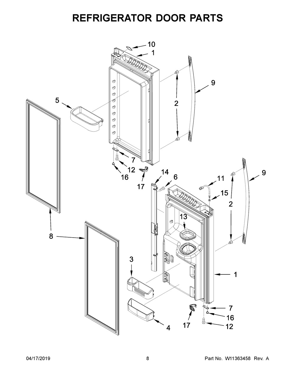 Refrigerator Door Parts Diagram and Parts List for WRF555SDHB01  Whirlpool Refrigerator
