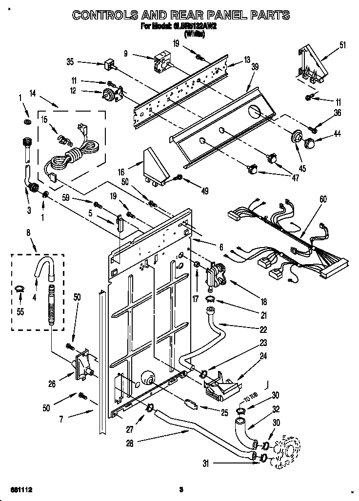 Controls And Rear Panel Diagram and Parts List for 6LSR5132AW2  Whirlpool Washer