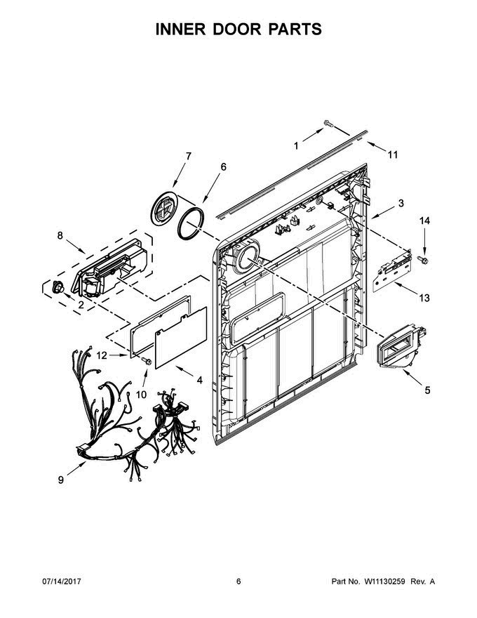 04 - Inner Door Parts Diagram and Parts List for WDT710PAHW1  Whirlpool Dishwasher