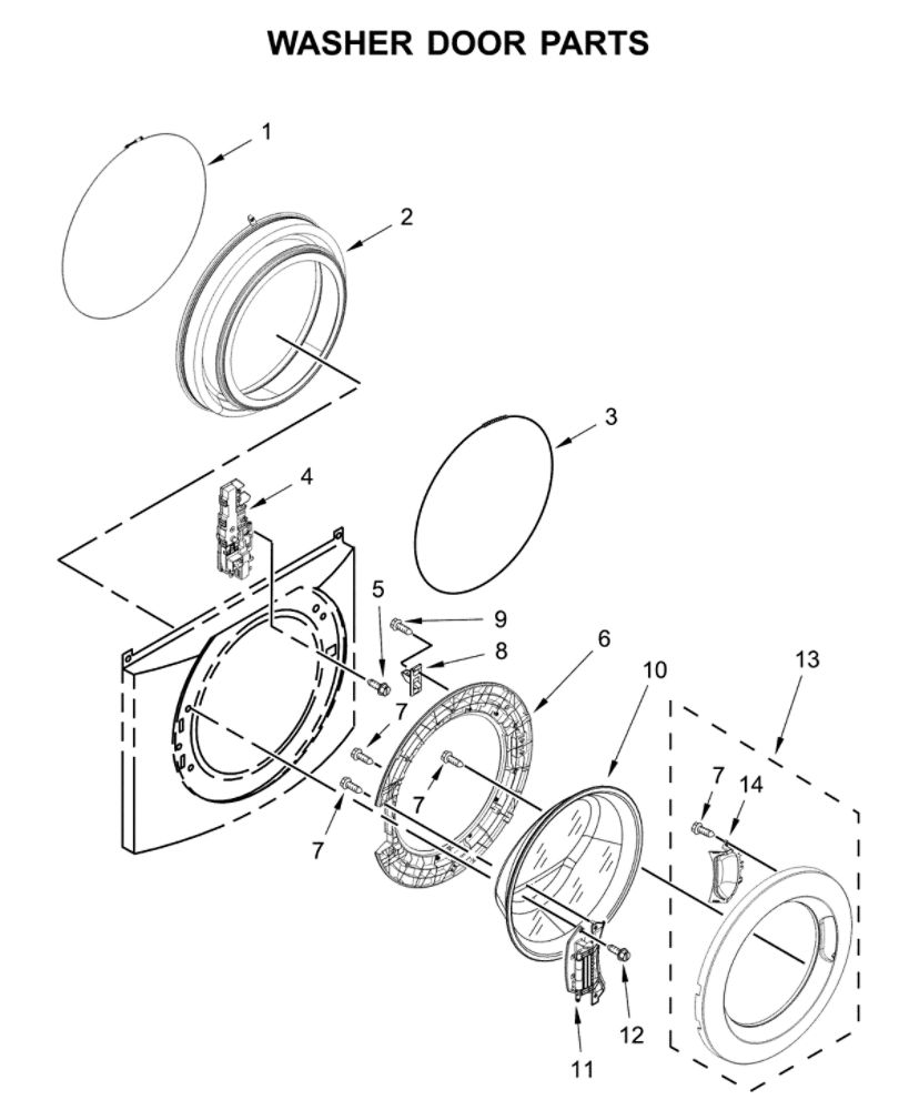 Washer Door Parts Diagram and Parts List for CET9000GQ0  Whirlpool Washer Dryer Combo