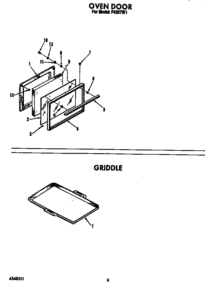 Oven Door Diagram and Parts List for F4307*1  Roper Range