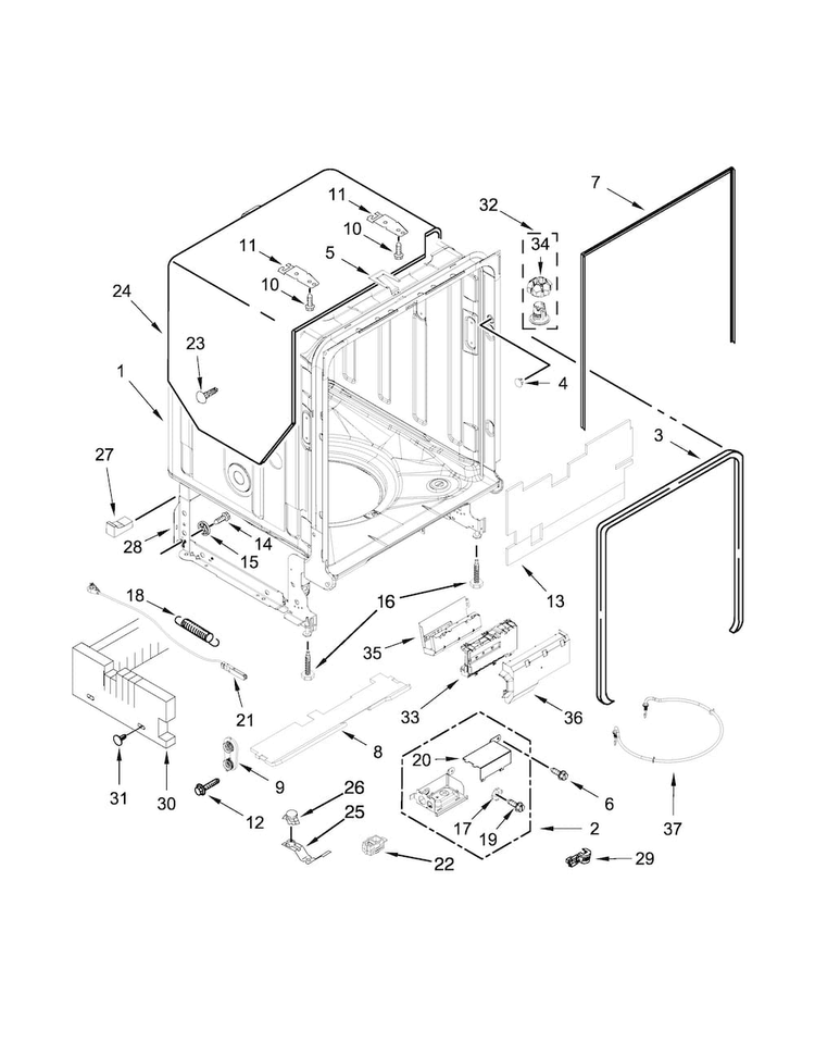 Tub And Frame Parts Diagram and Parts List for KDTM384ESS0  KitchenAid Dishwasher