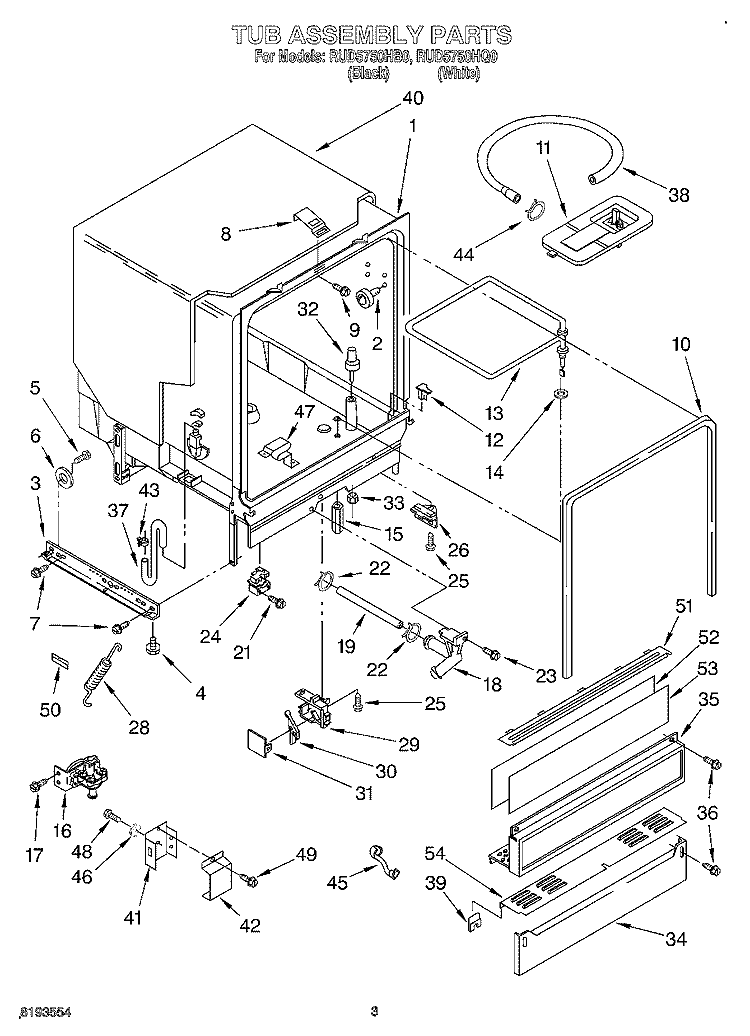 TUB ASSEMBLY Diagram and Parts List for RUD5750HB0  Roper Dishwasher