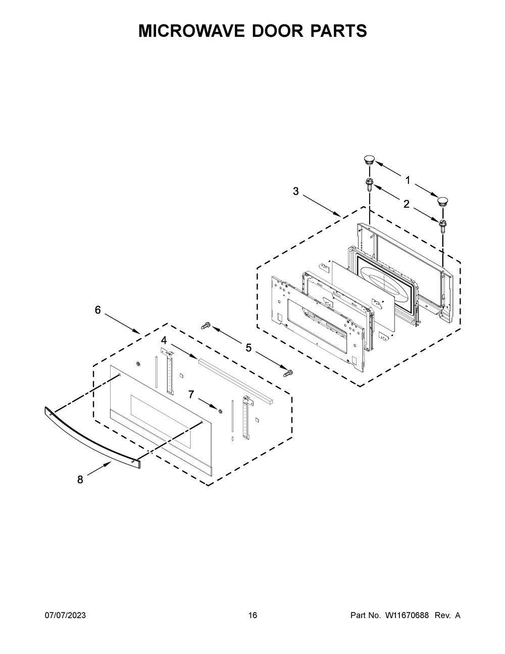 Microwave Door Parts Diagram and Parts List for WOEC7030PZ00  Whirlpool Microwave Oven Combo
