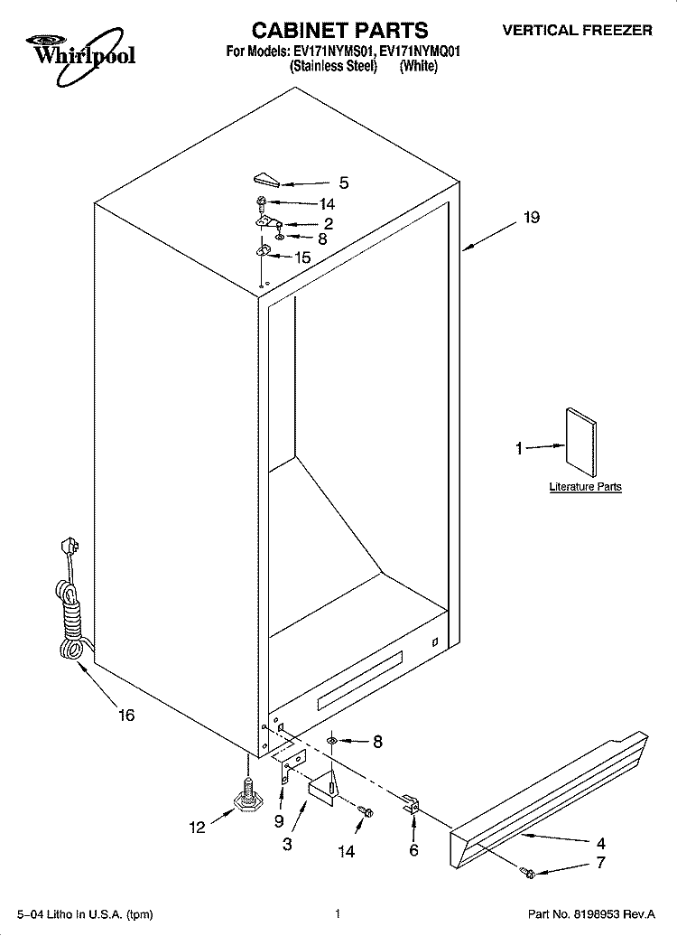 CABINET PARTS Diagram and Parts List for EV171NYMQ01  Whirlpool Freezer