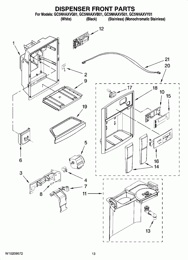 DISPENSER FRONT PARTS Diagram and Parts List for GC5NHAXVB01  Whirlpool Refrigerator