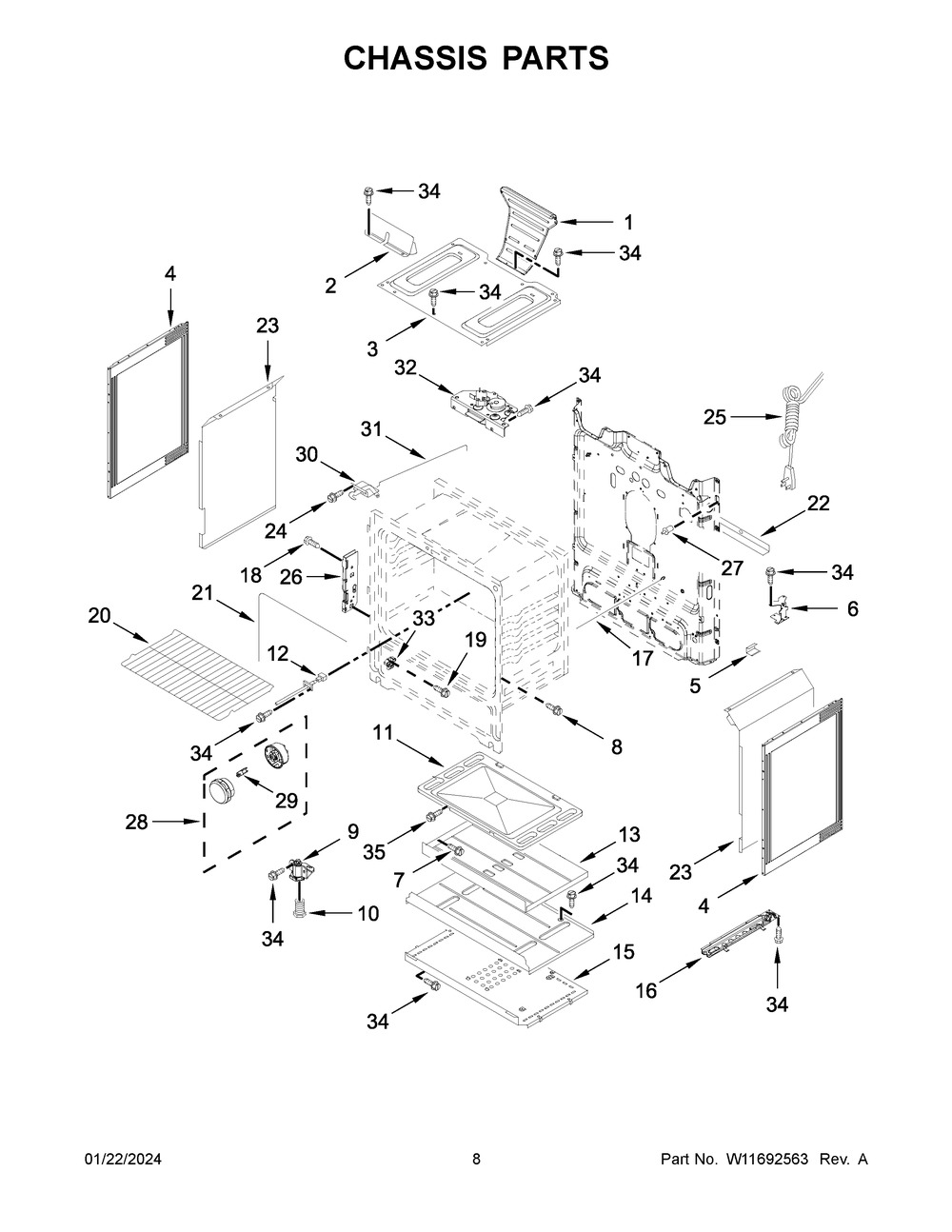 Chassis Parts Diagram and Parts List for WFG525S0JZ6  Whirlpool Range