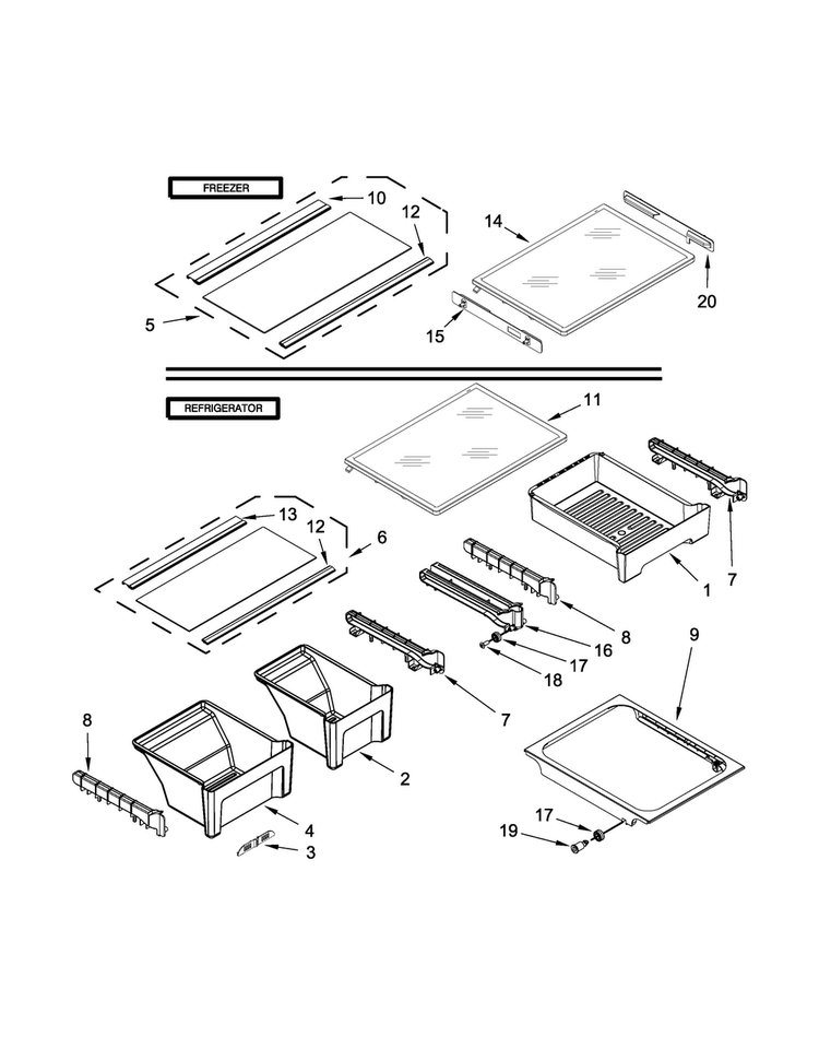 Shelf Parts Diagram and Parts List for 5WT511SFEG00  Whirlpool Refrigerator