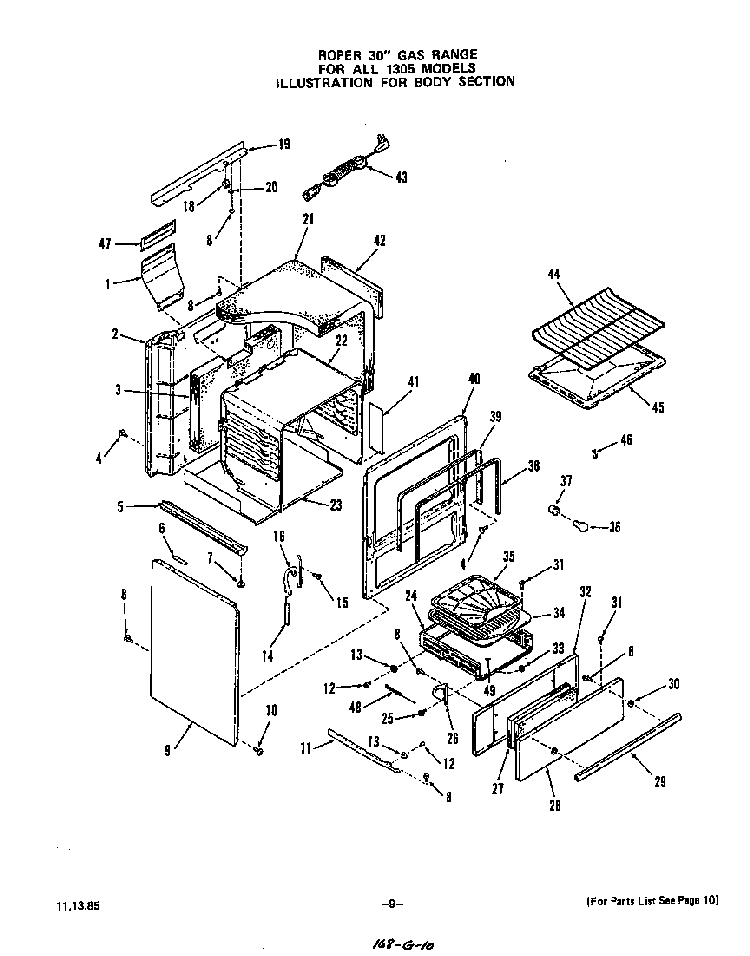 Body Diagram and Parts List for 1305*0A  Roper Range