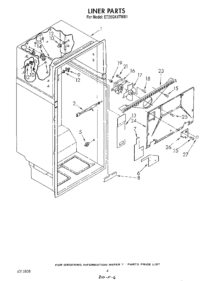 LINER Diagram and Parts List for ET20GKXTF01  Whirlpool Refrigerator