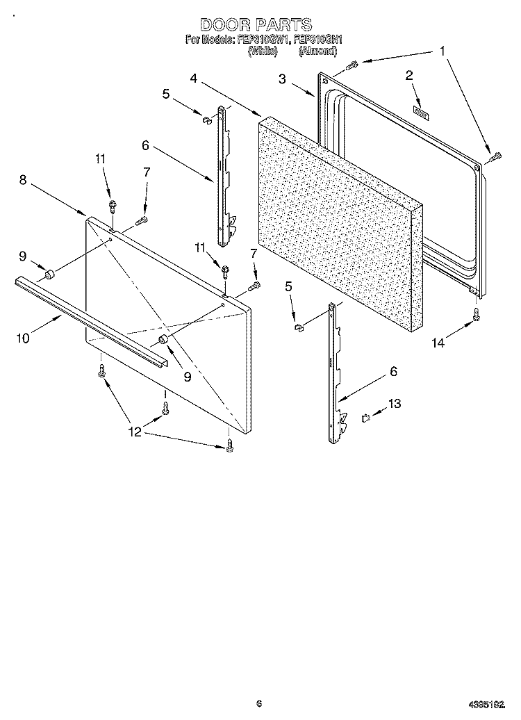 DOOR, LIT/OPTIONAL Diagram and Parts List for FEP310GW1  Roper Range