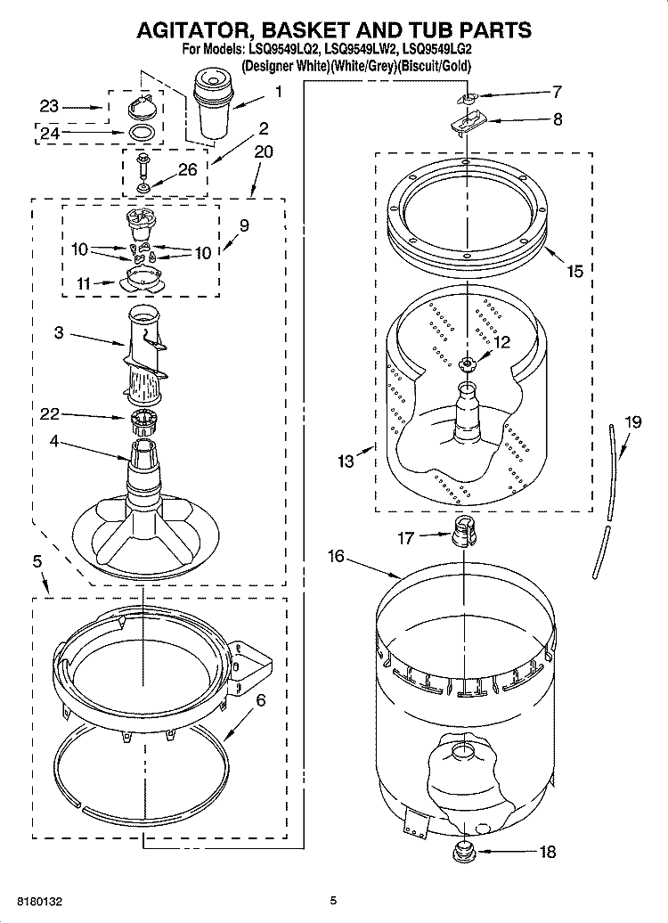 AGITATOR, BASKET AND TUB PARTS Diagram and Parts List for LSQ9549LW2  Whirlpool Washer