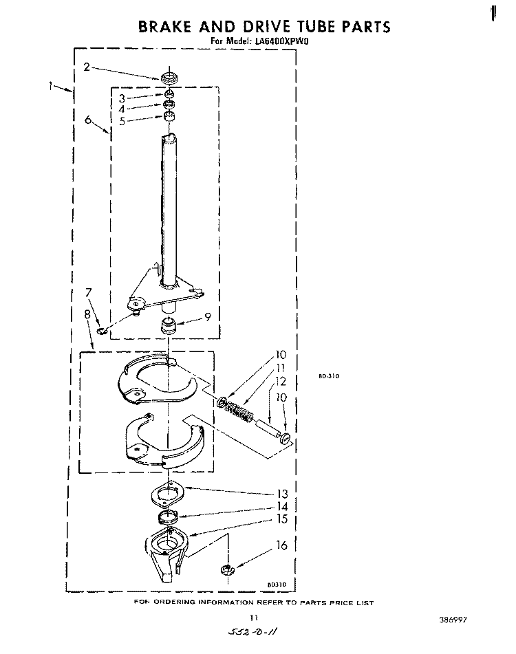 BRAKE AND DRIVE TUBE Diagram and Parts List for LA6400XPW0  Whirlpool Washer
