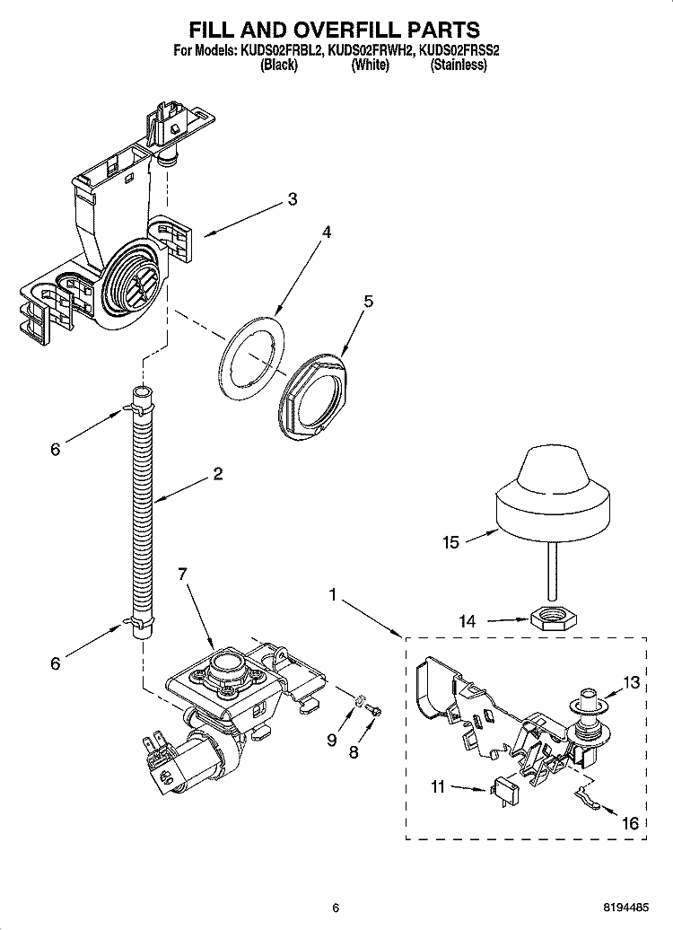 FILL AND OVERFILL PARTS Diagram and Parts List for KUDS02FRWH2  KitchenAid Dishwasher