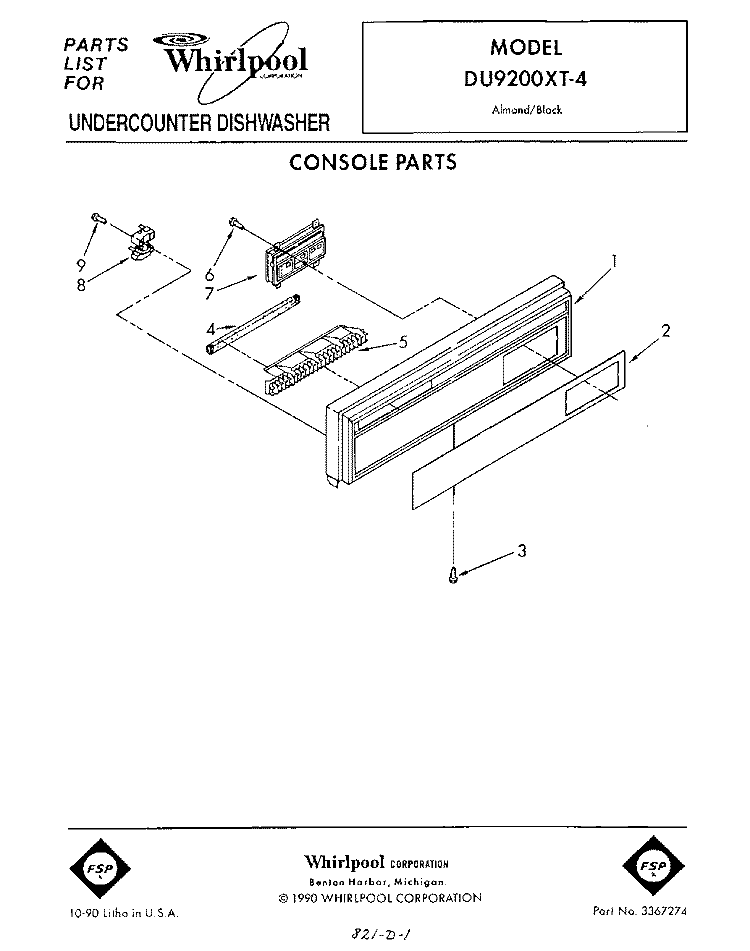 CONSOLE Diagram and Parts List for DU9200XT4  Whirlpool Dishwasher