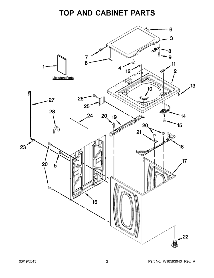 TOP AND CABINET PARTS Diagram and Parts List for 7MWTW1725BM0  Whirlpool Washer