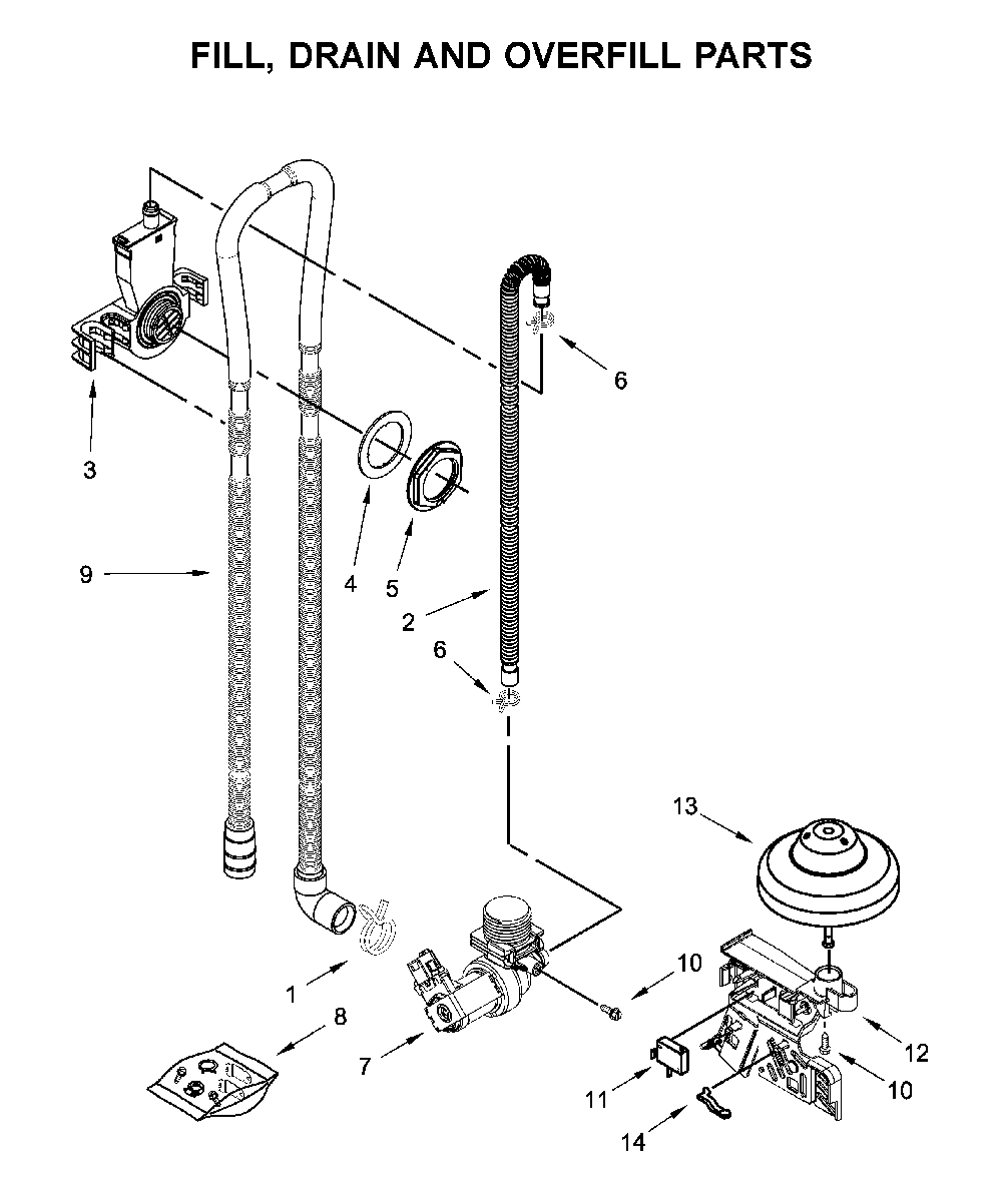 Fill, drain and overfill parts Diagram and Parts List for 66514502N020  Kenmore Dishwasher