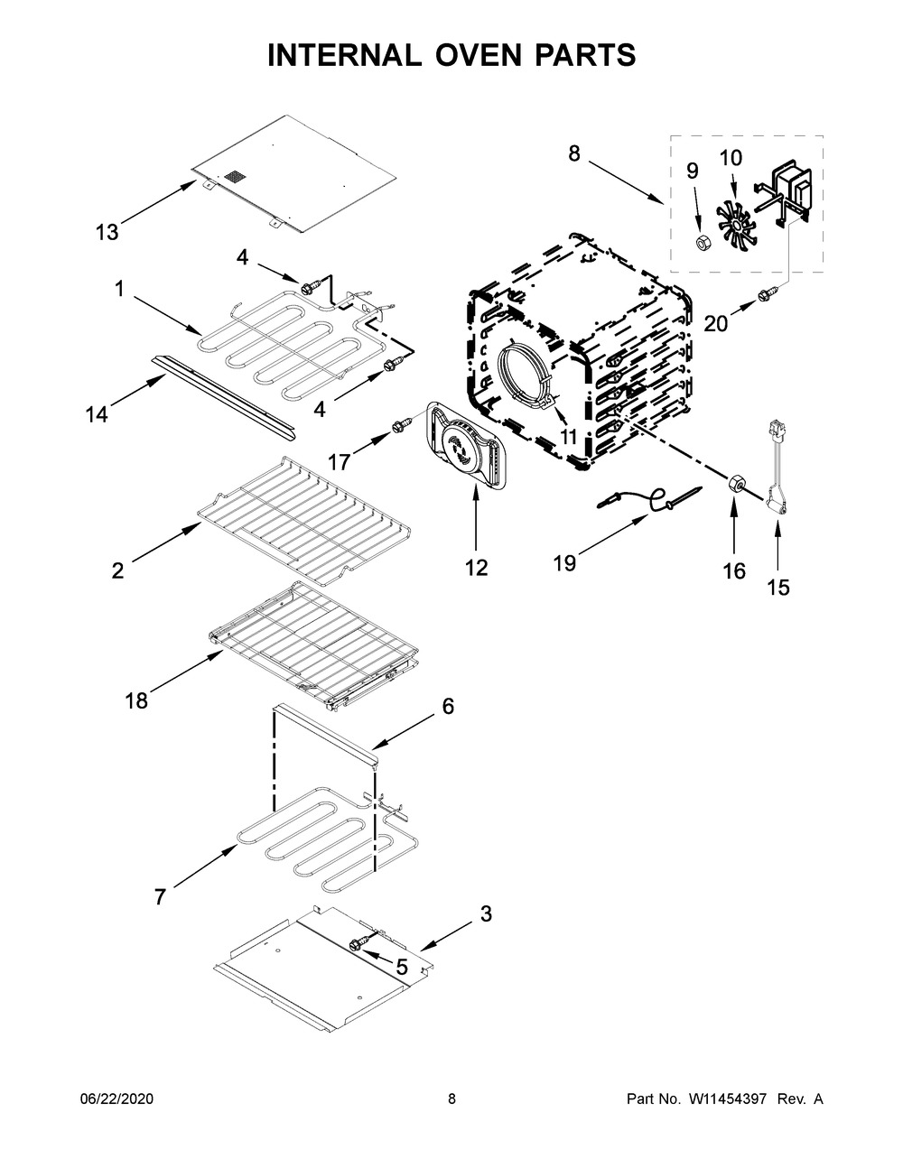Internal Oven Parts Diagram and Parts List for KOSE500EWH05  Whirlpool Microwave Oven Combo