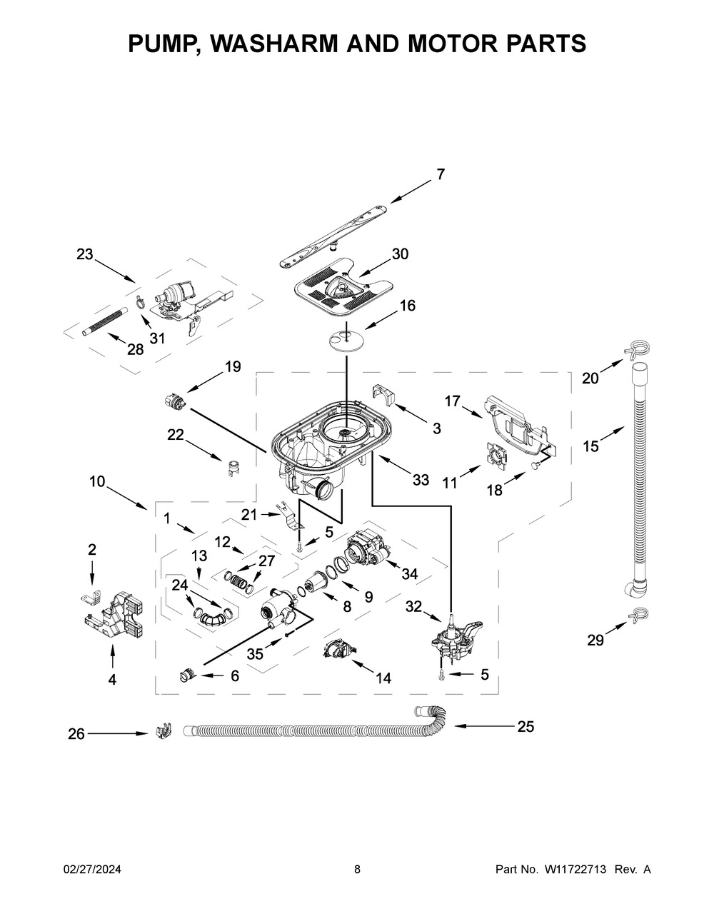 Pump, Washarm And Motor Parts Diagram and Parts List for KDTM405PPS1  KitchenAid Dishwasher