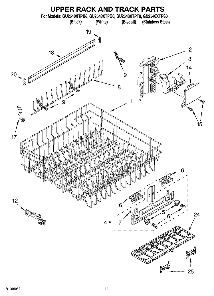 UPPER RACK AND TRACK PARTS Diagram and Parts List for GU2548XTPS0  Whirlpool Dishwasher