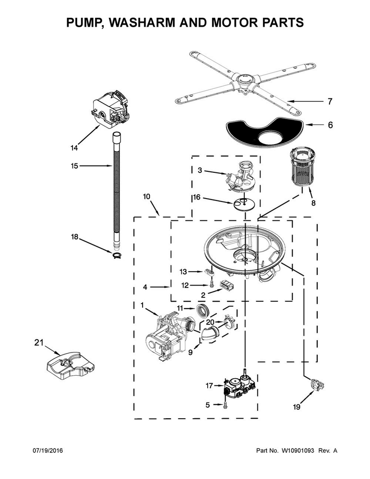 Pump, Washarm And Motor Parts Diagram and Parts List for KDTE204EBL2  KitchenAid Dishwasher