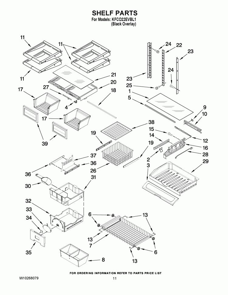 SHELF PARTS Diagram and Parts List for KFCO22EVBL1  KitchenAid Refrigerator