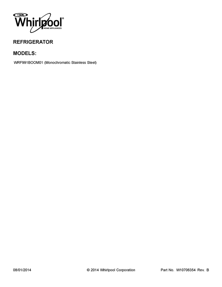 Cover Sheet Diagram and Parts List for WRF991BOOM01  Whirlpool Refrigerator