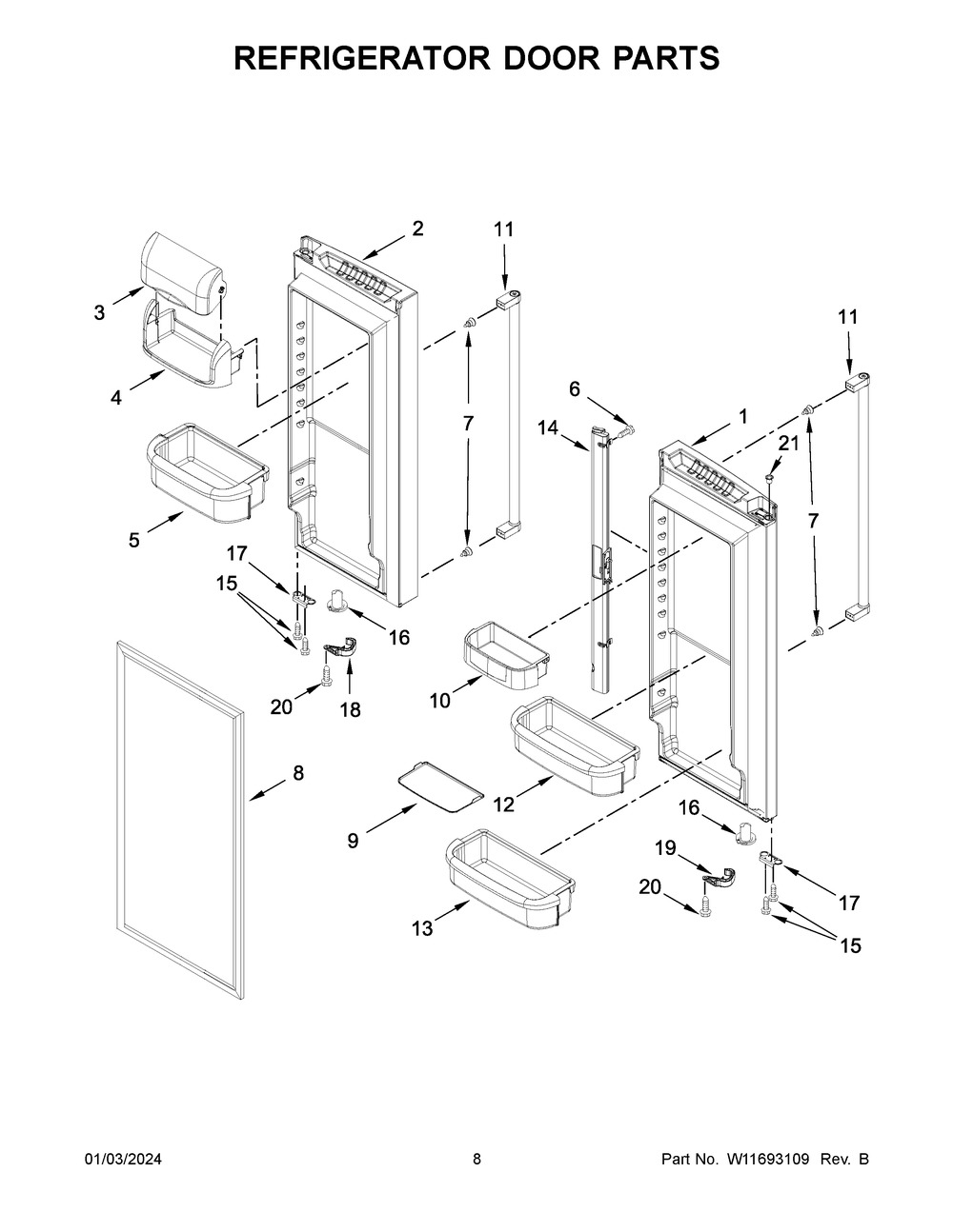 Refrigerator Door Parts Diagram and Parts List for KRFF302ESS07  KitchenAid Refrigerator