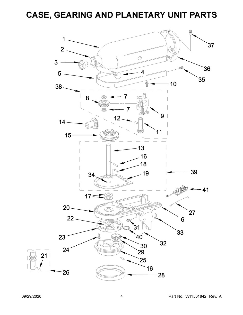 Case, Gearing And Planetary Unit Parts Diagram and Parts List for 5K45SSPWH0  Whirlpool Mixer