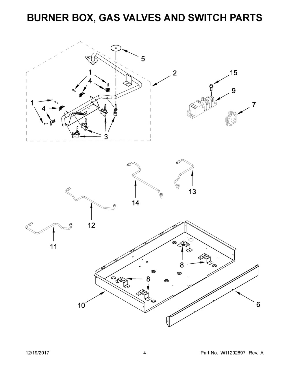 Burner Box, Gas Valves And Switch Parts Diagram and Parts List for WCG55US0HW00  Whirlpool Cooktop