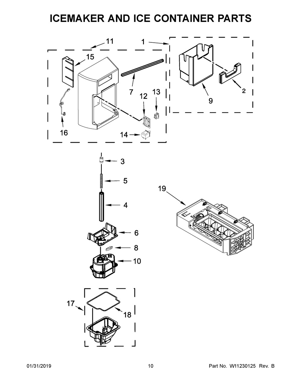 Icemaker And Ice Container Parts Diagram and Parts List for KRSC500ESS01  Whirlpool Refrigerator