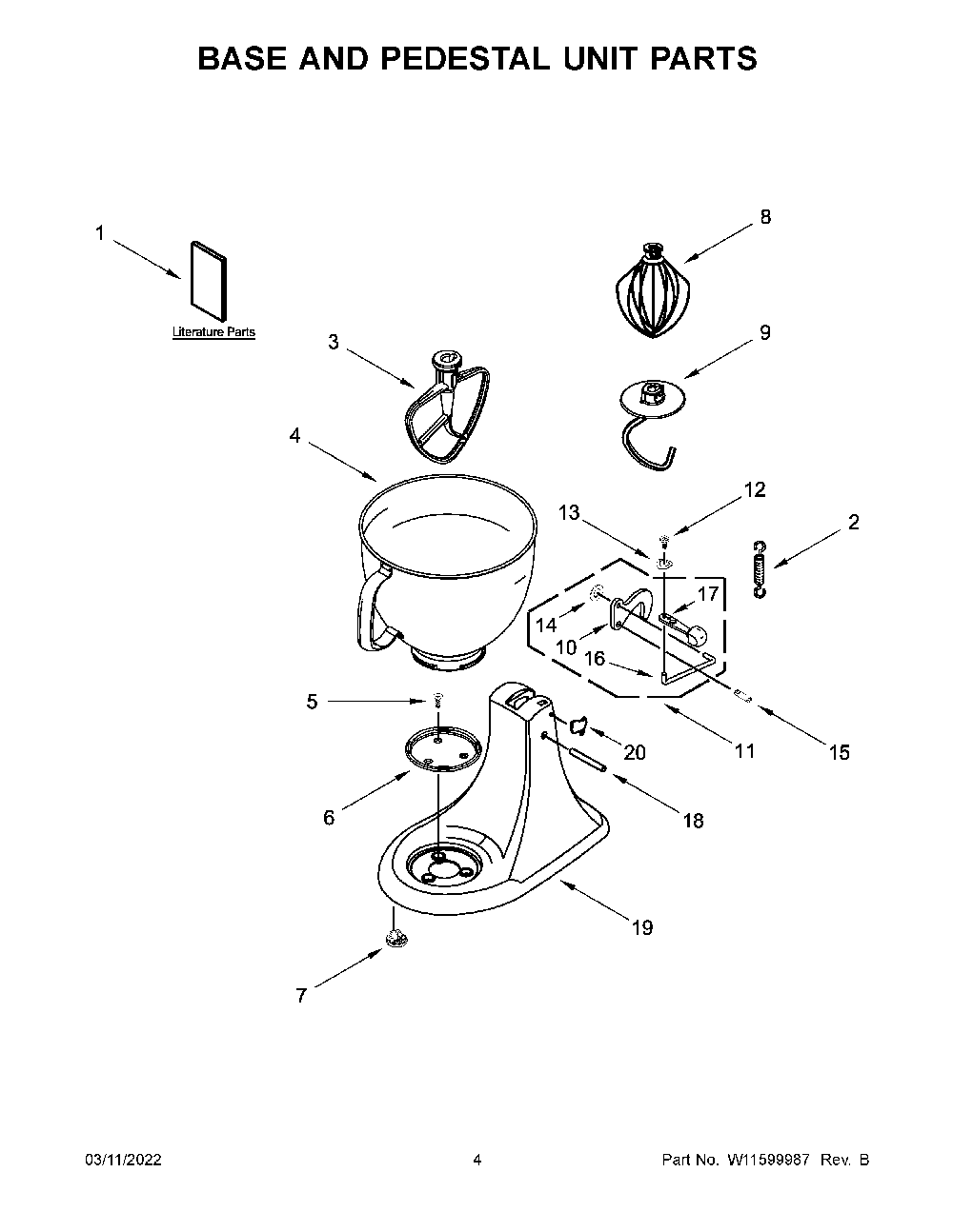 Base And Pedestal Unit Parts Diagram and Parts List for 5KSM192XDABK0  KitchenAid Mixer