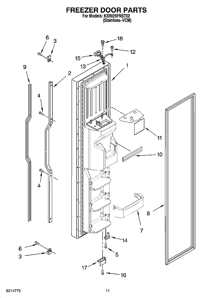 FREEZER DOOR PARTS Diagram and Parts List for KSRI25FNST02  KitchenAid Refrigerator