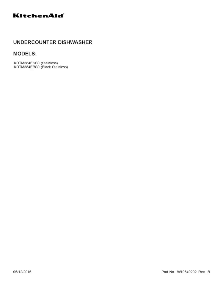 Cover Sheet Diagram and Parts List for KDTM384ESS0  KitchenAid Dishwasher