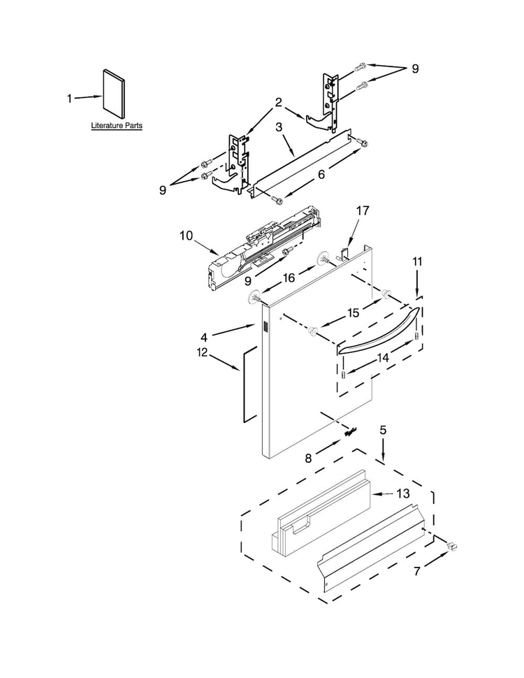 Door And Panel Parts Diagram and Parts List for WDT920SADH1  Whirlpool Dishwasher