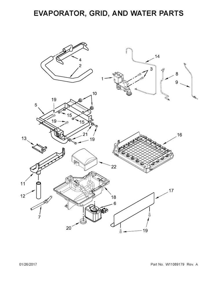 Evaporator, Grid, And Water Parts Diagram and Parts List for KUID308ESS2  KitchenAid Ice Maker